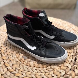 Vans Sk8 Hi Black Leather High-Top Sneakers with Red Plaid Interior